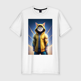 Мужская футболка хлопок Slim с принтом Супер кот в капюшоне в Екатеринбурге, 92% хлопок, 8% лайкра | приталенный силуэт, круглый вырез ворота, длина до линии бедра, короткий рукав | 