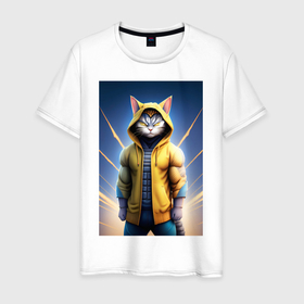 Мужская футболка хлопок с принтом Супер кот в капюшоне в Кировске, 100% хлопок | прямой крой, круглый вырез горловины, длина до линии бедер, слегка спущенное плечо. | 