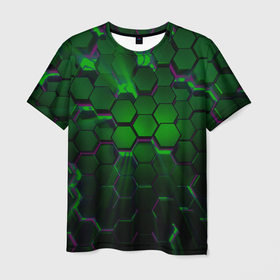Мужская футболка 3D с принтом Зелёные соты в Санкт-Петербурге, 100% полиэфир | прямой крой, круглый вырез горловины, длина до линии бедер | 