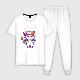 Мужская пижама хлопок с принтом Милый кот каратист , 100% хлопок | брюки и футболка прямого кроя, без карманов, на брюках мягкая резинка на поясе и по низу штанин
 | 