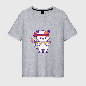 Мужская футболка хлопок Oversize с принтом Милый кот каратист , 100% хлопок | свободный крой, круглый ворот, “спинка” длиннее передней части | Тематика изображения на принте: 