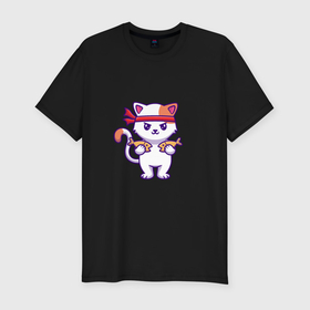 Мужская футболка хлопок Slim с принтом Милый кот каратист , 92% хлопок, 8% лайкра | приталенный силуэт, круглый вырез ворота, длина до линии бедра, короткий рукав | 