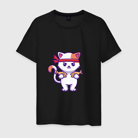 Мужская футболка хлопок с принтом Милый кот каратист , 100% хлопок | прямой крой, круглый вырез горловины, длина до линии бедер, слегка спущенное плечо. | Тематика изображения на принте: 