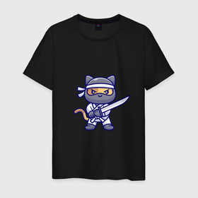 Мужская футболка хлопок с принтом Милый кот ниндзя в Курске, 100% хлопок | прямой крой, круглый вырез горловины, длина до линии бедер, слегка спущенное плечо. | 