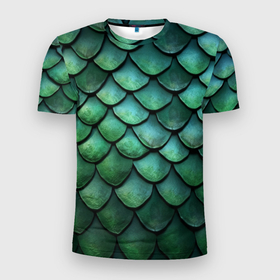 Мужская футболка 3D Slim с принтом Чешуя зелёного дракона: арт нейросети в Петрозаводске, 100% полиэстер с улучшенными характеристиками | приталенный силуэт, круглая горловина, широкие плечи, сужается к линии бедра | 