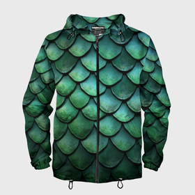 Мужская ветровка 3D с принтом Чешуя зелёного дракона: арт нейросети , 100% полиэстер | подол и капюшон оформлены резинкой с фиксаторами, два кармана без застежек по бокам, один потайной карман на груди | 