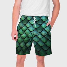 Мужские шорты 3D с принтом Чешуя зелёного дракона: арт нейросети ,  полиэстер 100% | прямой крой, два кармана без застежек по бокам. Мягкая трикотажная резинка на поясе, внутри которой широкие завязки. Длина чуть выше колен | 