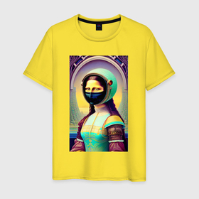 Мужская футболка хлопок с принтом Мона Лиза наших дней   нейросеть в Екатеринбурге, 100% хлопок | прямой крой, круглый вырез горловины, длина до линии бедер, слегка спущенное плечо. | 