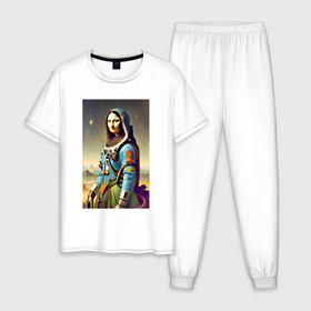 Мужская пижама хлопок с принтом Мона Лиза   космическая фантазия   нейросеть в Белгороде, 100% хлопок | брюки и футболка прямого кроя, без карманов, на брюках мягкая резинка на поясе и по низу штанин
 | 