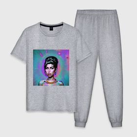 Мужская пижама хлопок с принтом Amy Winehouse Great Glitch Art в Екатеринбурге, 100% хлопок | брюки и футболка прямого кроя, без карманов, на брюках мягкая резинка на поясе и по низу штанин
 | Тематика изображения на принте: 