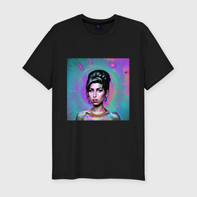Мужская футболка хлопок Slim с принтом Amy Winehouse Great Glitch Art в Екатеринбурге, 92% хлопок, 8% лайкра | приталенный силуэт, круглый вырез ворота, длина до линии бедра, короткий рукав | Тематика изображения на принте: 