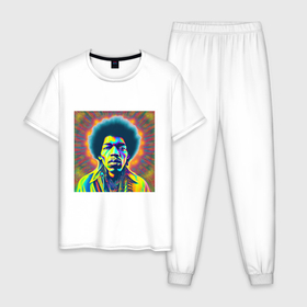 Мужская пижама хлопок с принтом Jimi Hendrix Magic Glitch Art в Белгороде, 100% хлопок | брюки и футболка прямого кроя, без карманов, на брюках мягкая резинка на поясе и по низу штанин
 | 