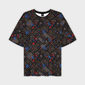 Мужская футболка oversize 3D с принтом Красные, синие, черные фигуры и линии на коричневом фоне ,  |  | Тематика изображения на принте: 