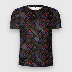 Мужская футболка 3D Slim с принтом Красные, синие, черные фигуры и линии на коричневом фоне в Белгороде, 100% полиэстер с улучшенными характеристиками | приталенный силуэт, круглая горловина, широкие плечи, сужается к линии бедра | 