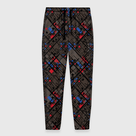 Мужские брюки 3D с принтом Красные, синие, черные фигуры и линии на коричневом фоне в Екатеринбурге, 100% полиэстер | манжеты по низу, эластичный пояс регулируется шнурком, по бокам два кармана без застежек, внутренняя часть кармана из мелкой сетки | 