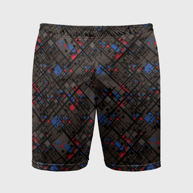 Мужские шорты спортивные с принтом Красные, синие, черные фигуры и линии на коричневом фоне ,  |  | Тематика изображения на принте: 