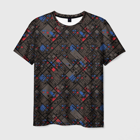 Мужская футболка 3D с принтом Красные, синие, черные фигуры и линии на коричневом фоне в Екатеринбурге, 100% полиэфир | прямой крой, круглый вырез горловины, длина до линии бедер | 