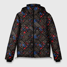 Мужская зимняя куртка 3D с принтом Красные, синие, черные фигуры и линии на коричневом фоне в Екатеринбурге, верх — 100% полиэстер; подкладка — 100% полиэстер; утеплитель — 100% полиэстер | длина ниже бедра, свободный силуэт Оверсайз. Есть воротник-стойка, отстегивающийся капюшон и ветрозащитная планка. 

Боковые карманы с листочкой на кнопках и внутренний карман на молнии. | 