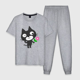 Мужская пижама хлопок с принтом Чёрный котик с цветочком в Белгороде, 100% хлопок | брюки и футболка прямого кроя, без карманов, на брюках мягкая резинка на поясе и по низу штанин
 | Тематика изображения на принте: 