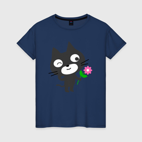 Женская футболка хлопок с принтом Чёрный котик с цветочком в Кировске, 100% хлопок | прямой крой, круглый вырез горловины, длина до линии бедер, слегка спущенное плечо | 