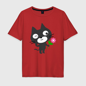 Мужская футболка хлопок Oversize с принтом Чёрный котик с цветочком в Белгороде, 100% хлопок | свободный крой, круглый ворот, “спинка” длиннее передней части | Тематика изображения на принте: 