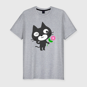 Мужская футболка хлопок Slim с принтом Чёрный котик с цветочком в Белгороде, 92% хлопок, 8% лайкра | приталенный силуэт, круглый вырез ворота, длина до линии бедра, короткий рукав | Тематика изображения на принте: 
