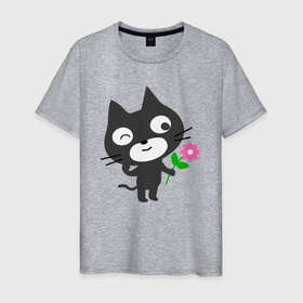 Мужская футболка хлопок с принтом Чёрный котик с цветочком в Белгороде, 100% хлопок | прямой крой, круглый вырез горловины, длина до линии бедер, слегка спущенное плечо. | Тематика изображения на принте: 