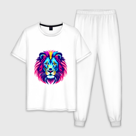 Мужская пижама хлопок с принтом Неоновый африканский лев в Екатеринбурге, 100% хлопок | брюки и футболка прямого кроя, без карманов, на брюках мягкая резинка на поясе и по низу штанин
 | 