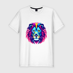 Мужская футболка хлопок Slim с принтом Неоновый африканский лев в Санкт-Петербурге, 92% хлопок, 8% лайкра | приталенный силуэт, круглый вырез ворота, длина до линии бедра, короткий рукав | 