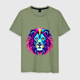 Мужская футболка хлопок с принтом Неоновый африканский лев в Екатеринбурге, 100% хлопок | прямой крой, круглый вырез горловины, длина до линии бедер, слегка спущенное плечо. | 