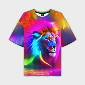 Мужская футболка oversize 3D с принтом Неоновый лев в цветовой абстракции в Санкт-Петербурге,  |  | 