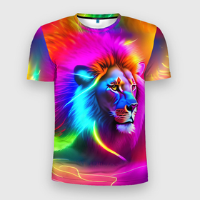 Мужская футболка 3D Slim с принтом Неоновый лев в цветовой абстракции в Санкт-Петербурге, 100% полиэстер с улучшенными характеристиками | приталенный силуэт, круглая горловина, широкие плечи, сужается к линии бедра | 