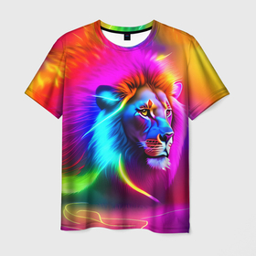 Мужская футболка 3D с принтом Неоновый лев в цветовой абстракции в Санкт-Петербурге, 100% полиэфир | прямой крой, круглый вырез горловины, длина до линии бедер | 