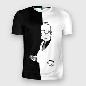 Мужская футболка 3D Slim с принтом Homer Simpson   black and white в Кировске, 100% полиэстер с улучшенными характеристиками | приталенный силуэт, круглая горловина, широкие плечи, сужается к линии бедра | Тематика изображения на принте: 