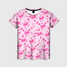 Женская футболка 3D с принтом Барби, сердечки и цветочки в Санкт-Петербурге, 100% полиэфир ( синтетическое хлопкоподобное полотно) | прямой крой, круглый вырез горловины, длина до линии бедер | 