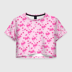 Женская футболка Crop-top 3D с принтом Барби, сердечки и цветочки в Петрозаводске, 100% полиэстер | круглая горловина, длина футболки до линии талии, рукава с отворотами | 