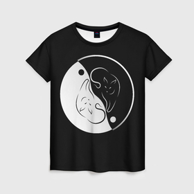Женская футболка 3D с принтом Кот инь ян в Рязани, 100% полиэфир ( синтетическое хлопкоподобное полотно) | прямой крой, круглый вырез горловины, длина до линии бедер | 