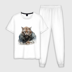 Мужская пижама хлопок с принтом Тигр акварель в Новосибирске, 100% хлопок | брюки и футболка прямого кроя, без карманов, на брюках мягкая резинка на поясе и по низу штанин
 | Тематика изображения на принте: 