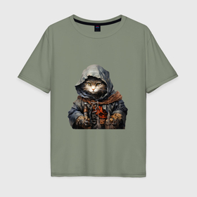 Мужская футболка хлопок Oversize с принтом Кот в капюшоне в Тюмени, 100% хлопок | свободный крой, круглый ворот, “спинка” длиннее передней части | 