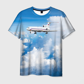 Мужская футболка 3D с принтом Ту 154 на высоте в Курске, 100% полиэфир | прямой крой, круглый вырез горловины, длина до линии бедер | 
