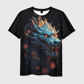 Мужская футболка 3D с принтом Дракон с цветами: арт нейросети , 100% полиэфир | прямой крой, круглый вырез горловины, длина до линии бедер | 