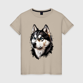 Женская футболка хлопок с принтом Голубоглазая черно белая собака хаски в Санкт-Петербурге, 100% хлопок | прямой крой, круглый вырез горловины, длина до линии бедер, слегка спущенное плечо | 