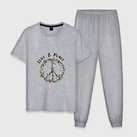 Мужская пижама хлопок с принтом Love and peace цветочный хиппи пацифик в Тюмени, 100% хлопок | брюки и футболка прямого кроя, без карманов, на брюках мягкая резинка на поясе и по низу штанин
 | 