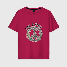 Женская футболка хлопок Oversize с принтом Love and peace цветочный хиппи пацифик в Тюмени, 100% хлопок | свободный крой, круглый ворот, спущенный рукав, длина до линии бедер
 | Тематика изображения на принте: 
