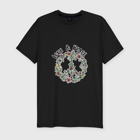 Мужская футболка хлопок Slim с принтом Love and peace цветочный хиппи пацифик в Санкт-Петербурге, 92% хлопок, 8% лайкра | приталенный силуэт, круглый вырез ворота, длина до линии бедра, короткий рукав | 