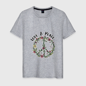 Мужская футболка хлопок с принтом Love and peace цветочный хиппи пацифик в Новосибирске, 100% хлопок | прямой крой, круглый вырез горловины, длина до линии бедер, слегка спущенное плечо. | 