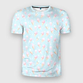 Мужская футболка 3D Slim с принтом Цветное мороженое в пастельных цветах в Тюмени, 100% полиэстер с улучшенными характеристиками | приталенный силуэт, круглая горловина, широкие плечи, сужается к линии бедра | Тематика изображения на принте: 