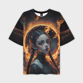 Мужская футболка oversize 3D с принтом Готическая девушка с двумя косами в огненном круге в Петрозаводске,  |  | 