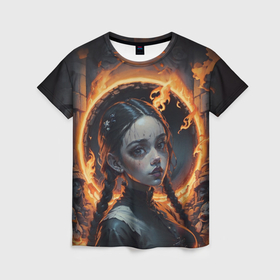 Женская футболка 3D с принтом Готическая девушка с двумя косами в огненном круге в Белгороде, 100% полиэфир ( синтетическое хлопкоподобное полотно) | прямой крой, круглый вырез горловины, длина до линии бедер | 