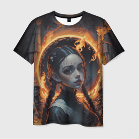 Мужская футболка 3D с принтом Готическая девушка с двумя косами в огненном круге в Санкт-Петербурге, 100% полиэфир | прямой крой, круглый вырез горловины, длина до линии бедер | 